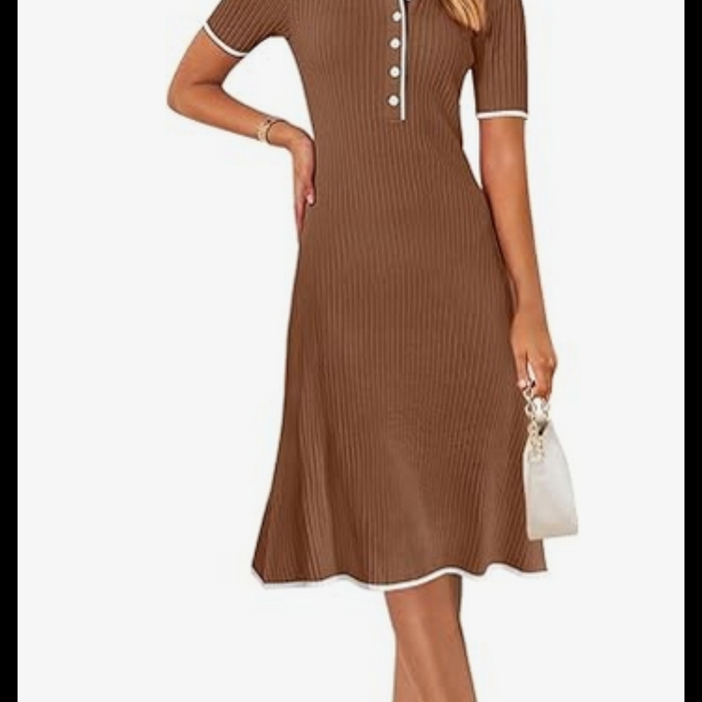 Ribbed Brown Short-Sleeve Midi Dress with Contrast Trim